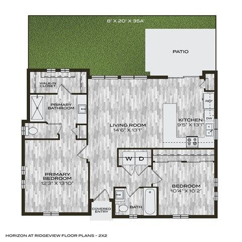 Floor plan for 2 beds, 2 baths, 960 sqft